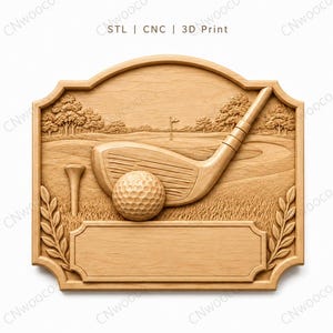 CNC & 3D printed relief golf set with club, ball, tee and customizable plaque, very high quality STL file