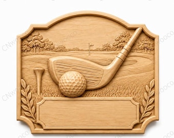 CNC & 3D printed relief golf set with club, ball, tee and customizable plaque, very high quality STL file