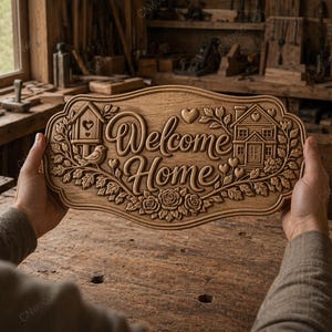 Op de afbeelding: Een houten bord met de woorden "Welcome Home" in een decoratief lettertype gesneden. Het bord heeft een huis, een vogelhuisje en bloemmotieven. Het bord wordt vastgehouden voor een houten werkbank in een werkplaats.