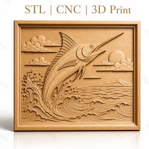 May include: A rectangular wooden wall plaque featuring a relief carving of a marlin jumping out of ocean waves. The scene includes clouds, a sun, and distant mountains. The text "STL | CNC | 3D Print" is displayed at the top of the frame.