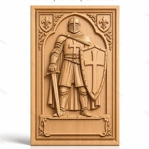 Op de afbeelding: Een rechthoekig lichtbruin houten reliëf met een ridder in harnas die een zwaard en een schild met een kruis vasthoudt. De tekst STL | CNC | 3D Print staat bovenaan. De ridder staat in een boogvormig frame met fleur-de-lis accenten en een leeg rechthoekig plaatje aan de basis.
