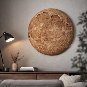 May include: A circular wooden wall sculpture of the moon, showing detailed craters and surface features. The artwork is mounted on a grey wall. A black desk lamp and a vase with dried plants sit on a wooden cabinet below.