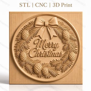 Fichier CNC & impression 3D couronne de Noël, pommes de pin et ruban, haute qualité relief STL