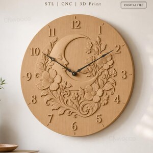 May include: A round light-colored wooden wall clock featuring a carved crescent moon face surrounded by floral motifs. The clock face displays black hands and raised numerals from 1 to 12. Text at the top reads STL | CNC | 3D Print and DIGITAL FILE.