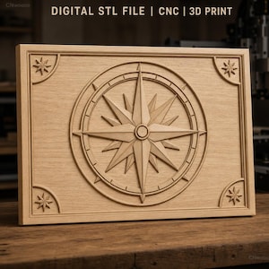 Op de afbeelding: Een rechthoekig houten paneel met een uitgesneden kompasroosontwerp in het midden en kleinere stermotieven in elke hoek. De tekst DIGITAL STL FILE | CNC | 3D PRINT staat bovenaan de afbeelding in een duidelijk, schreefloos lettertype.