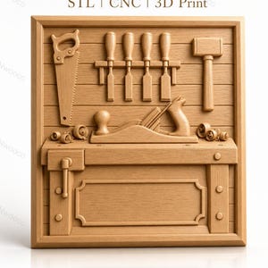 CNC file & 3D printing woodworking shop, workbench, plane, hammer, chisels, saw, high-quality relief STL