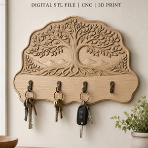 Chaveiro decorativo de parede em arquivo CNC representando a árvore da vida, com seus galhos e folhas, em formato STL de altíssima qualidade.