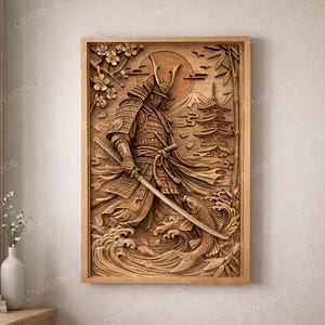 Płaskorzeźba z japońskim samurajem CNC STL – rzeźba z drewna przedstawiająca samuraja i rybę koi, azjatycka sztuka ścienna – frezarka CNC 3D, szczegółowa płaskorzeźba z samurajem