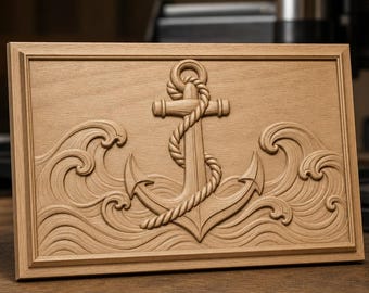 May include: A rectangular wooden plaque featuring a carved relief of a nautical anchor wrapped in rope, set against stylised ocean waves. The text DIGITAL STL FILE | CNC | 3D PRINT is visible at the top of the image in a light sans-serif font.
