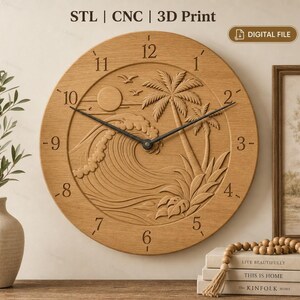 CNC File & 3D Printing Tropical Beach Wave Palm Tree Wall Clock STL