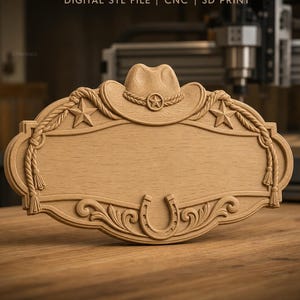 CNC-Datei & 3D-Druck: Dekoratives Western-Schild mit Hut und Hufeisen, STL-Datei, sehr hohe Qualität, individualisierbar