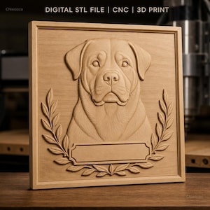 May include: A square wooden plaque featuring a relief carving of a dog head centered above a blank rectangular nameplate, framed by laurel leaf branches. The text DIGITAL STL FILE | CNC | 3D PRINT is visible at the top of the image.