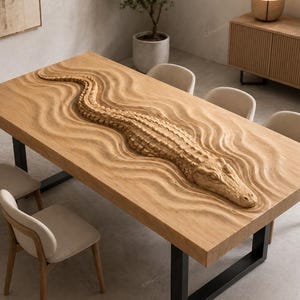 Könnte beinhalten: Ein rechteckiger Esstisch aus Holz mit einem geschnitzten Alligatormuster. Das Alligator befindet sich in der Mitte des Tisches und scheint in geschnitztem Wasser zu schwimmen. Der Tisch hat schwarze Metallbeine und ist von beigen Stühlen umgeben.