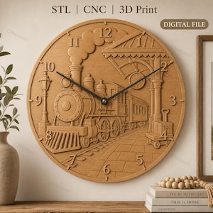 CNC file & 3D printing vintage steam locomotive station wall clock STL