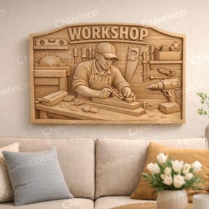 CNC file for a carpenter's workshop panel, wooden bas-relief for a workshop, garage wall decoration, 3D STL engraving model