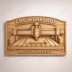 May include: A wooden sign featuring the text "CNC WORKSHOP" and "MADE IN AMERICA". The sign displays a detailed relief carving of a CNC machine, highlighting its mechanical components and overall design, crafted from wood.