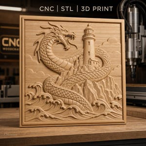 May include: A square wooden relief carving featuring a dragon coiled around a lighthouse on a rocky cliff above stylized ocean waves. The text CNC | STL | 3D PRINT is visible at the top. The light brown wood panel has a detailed, raised design.