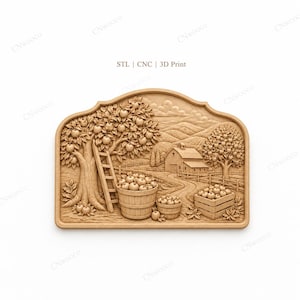 Peut inclure: Sculpture en bois représentant une scène de verger de pommiers avec une grange, des arbres et des paniers remplis de pommes. Une échelle est appuyée contre un arbre. Le texte "STL | CNC | 3D Print" est en haut.