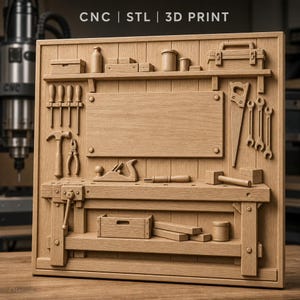 Pode incluir: Uma placa de parede de madeira castanho-clara com uma escultura em relevo de uma cena de oficina com uma bancada, várias ferramentas manuais, uma caixa de ferramentas e um painel retangular central. O texto CNC | STL | 3D PRINT é visível.