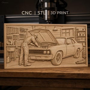 May include: A rectangular wooden relief carving featuring a mechanic working on a classic car with the hood open in a garage setting. The scene includes wall-mounted tools, a workbench, and shelves. The text CNC | STL | 3D PRINT is visible.