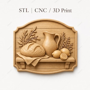May include: Wooden wall art featuring a bread loaf on a cloth, a pitcher, lemons, and foliage. The artwork is carved in a light brown wood and includes the text "STL | CNC / 3D Print" at the top.