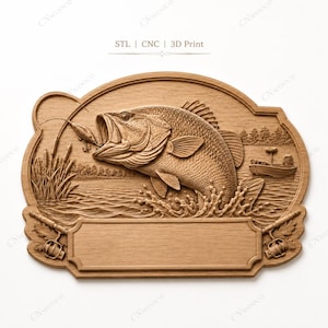 May include: Wooden plaque featuring a detailed relief carving of a largemouth bass leaping out of water to catch a lure. The plaque includes a fishing rod, boat, and the text "STL | CNC | 3D Print".