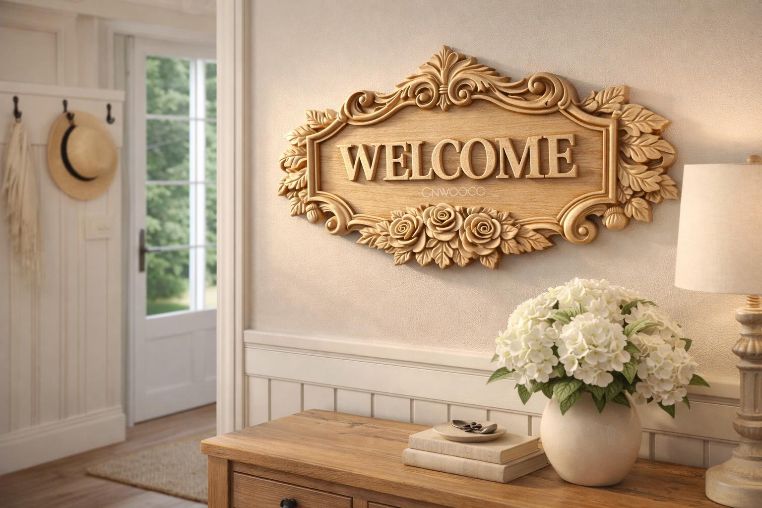 Welcome Sign CNC STL File – Floral Bas Relief – Router Door Wall Art ...