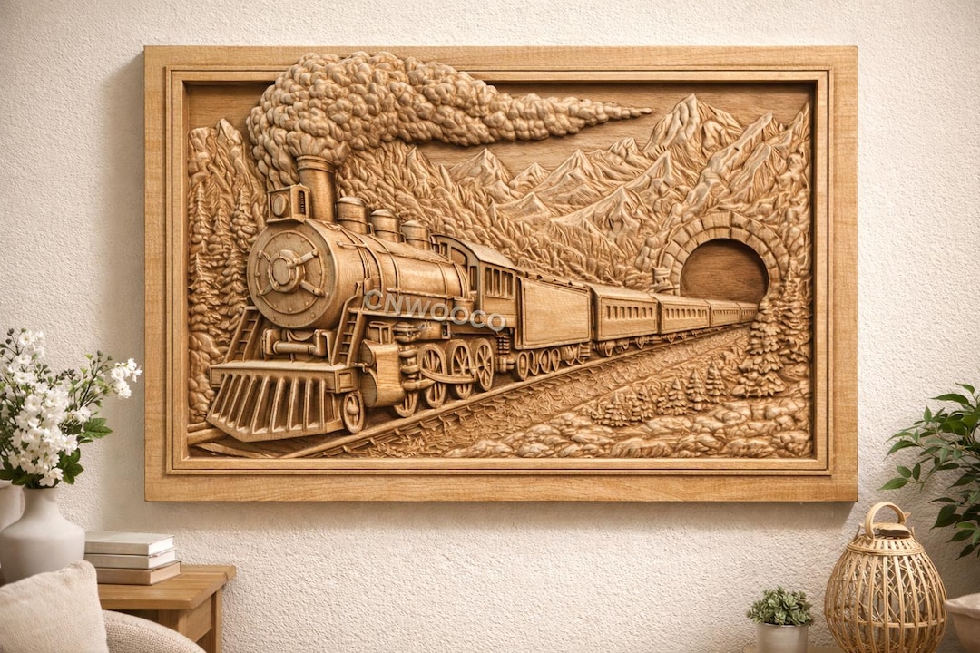 Steam Train CNC STL File – Vintage Locomotive Panorama Bas Relief for ...
