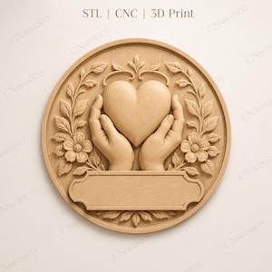 May include: A circular wooden relief carving depicting a heart cradled by hands, with floral and leaf embellishments. The text "STL | CNC | 3D Print" is at the top. The carving is in a natural wood colour.
