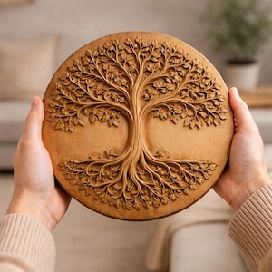 Op de afbeelding: Een ronde houten wandkunst met een gedetailleerde reliëfsnede van een boom. De takken en wortels van de boom zijn ingewikkeld gesneden, met een natuurlijke houtnerf afwerking. Het kunstwerk wordt door twee handen vastgehouden.