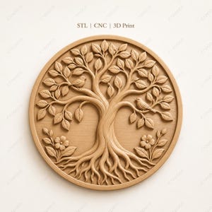 May include: A circular wooden relief carving of a tree, featuring leaves, birds, and flowers, with detailed carving of roots and branches. The text "STL | CNC | 3D Print" is at the top. The carving is a light brown colour.