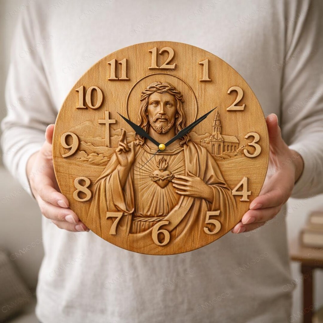 Clock God CNC STL Jesus Clock Relief Sacred Heart Wood Wall Art CNC Carving File ...