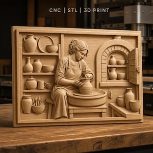 Peut inclure: Une sculpture en relief en bois rectangulaire représentant un potier à son tour, entouré d'étagères de récipients en céramique et d'un four voûté. Le texte CNC | STL | 3D PRINT est visible en haut. La scène montre un atelier détaillé avec divers pots, bols et cruches disposés sur des surfaces en bois.