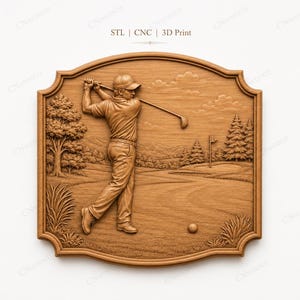 May include: A wooden relief carving of a golfer in mid-swing on a golf course. The artwork is framed with an ornate border and features trees, a flag, and a golf ball. The text "STL | CNC | 3D Print" is at the top.