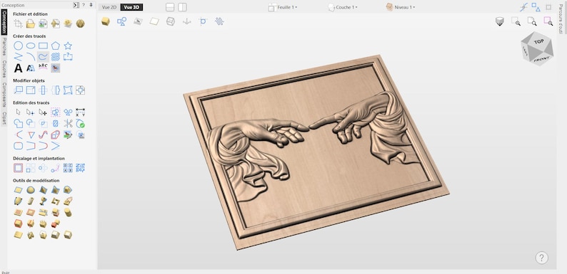 May include: A wooden relief carving depicting Michelangelo's "The Creation of Adam" from the Sistine Chapel. The artwork shows two hands nearly touching, set within a rectangular frame. The carving is in a light brown color.