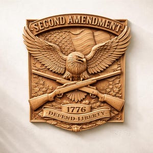 Könnte beinhalten: Holzrelief mit einem Adler mit ausgebreiteten Flügeln, einer amerikanischen Flagge und gekreuzten Gewehren. Die Worte "SECOND AMENDMENT" stehen oben, mit "1776" und "DEFEND LIBERTY" auf einem Banner darunter. Die Schnitzerei ist braun.