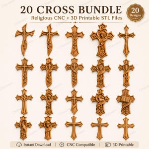 Pode incluir: Uma coleção de vinte cruzes de madeira esculpidas, cada uma com um design único. As cruzes variam em estilo, algumas com figuras e símbolos religiosos. A imagem inclui texto indicando compatibilidade CNC e arquivos STL imprimíveis em 3D.