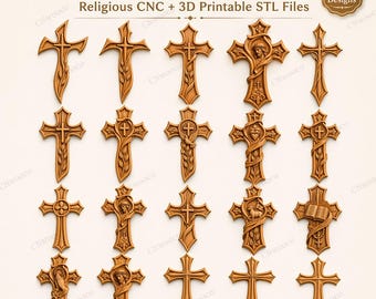 May include: A collection of twenty intricately carved wooden crosses, each with a unique design. The crosses vary in style, some featuring religious figures and symbols. The image includes text indicating CNC compatibility and 3D printable STL files.
