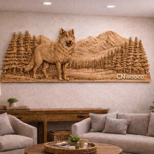 May include: A detailed wooden wall carving showing a wolf in a forest setting with mountains. The artwork, in shades of brown, includes the text "CNWOOCO". The piece is designed to be mounted on a wall.