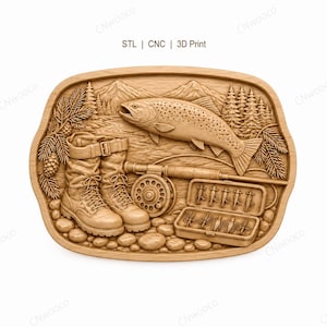 May include: A wooden relief carving depicting a fishing scene. It features a trout, fishing rod, tackle box, and boots, set against a backdrop of mountains and trees. The text "STL | CNC | 3D Print" is at the top.