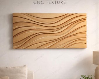 May include: A rectangular wooden wall art piece with a CNC texture design. The artwork features a series of flowing, wave-like patterns carved into the light brown wood. The text "CNC TEXTURE" is above the artwork.