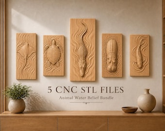 May include: Five wooden wall art panels with carved animal reliefs: a stingray, turtle, crocodile, hippo, and fish. The text "5 CNC STL FILES Animal Water Relief Bundle" is below the panels. The panels are displayed on a light-colored wall.