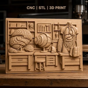 May include: A rectangular wooden relief carving featuring anatomical models including a brain, an eye, and a human torso with internal organs. The scene includes laboratory furniture, shelves, and tools. Text at the top reads CNC | STL | 3D PRINT.