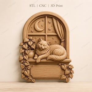 Può includere: Un'intaglio in legno di un gatto che dorme su un davanzale, con una luna e delle stelle visibili attraverso la finestra. Una pianta in vaso è a sinistra. Il testo "STL | CNC | 3D Print" è in alto.