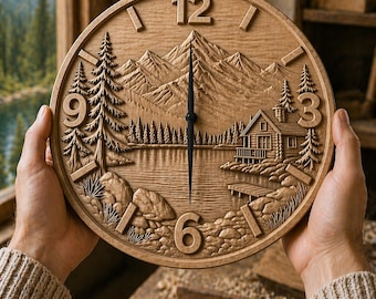 CNC file mountain cabin clock – bas-relief nature landscape for wood carving, wall decoration STL