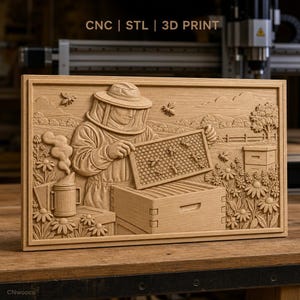 Può includere: Un rilievo rettangolare in legno raffigurante un apicoltore in tuta protettiva che tiene un telaio di favo sopra un alveare. La scena include fiori, un affumicatore e api in volo. Il testo CNC | STL | 3D PRINT è visibile in alto.