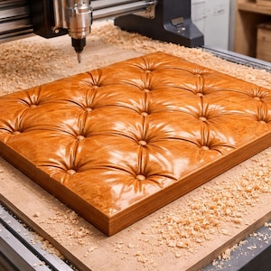 Puede incluir: Un panel cuadrado de madera acolchado, en un tono marrón medio cálido. El panel presenta una cuadrícula de hendiduras profundas en forma de botón, creando un aspecto tapizado clásico. Las virutas de madera rodean la pieza, sugiriendo una fabricación reciente.