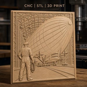 May include: A square wooden relief carving featuring a large airship inside a hangar with a person standing in the foreground holding a coil of rope. The text CNC | STL | 3D PRINT is visible at the top of the light brown carved panel.