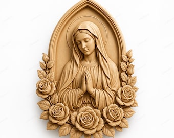 Può includere: Scultura a rilievo in legno di una figura religiosa con le mani giunte in preghiera, circondata da rose e foglie. La figura è incorniciata da un bordo ad arco. Il testo "STL | CNC / 3D Print" è in alto.