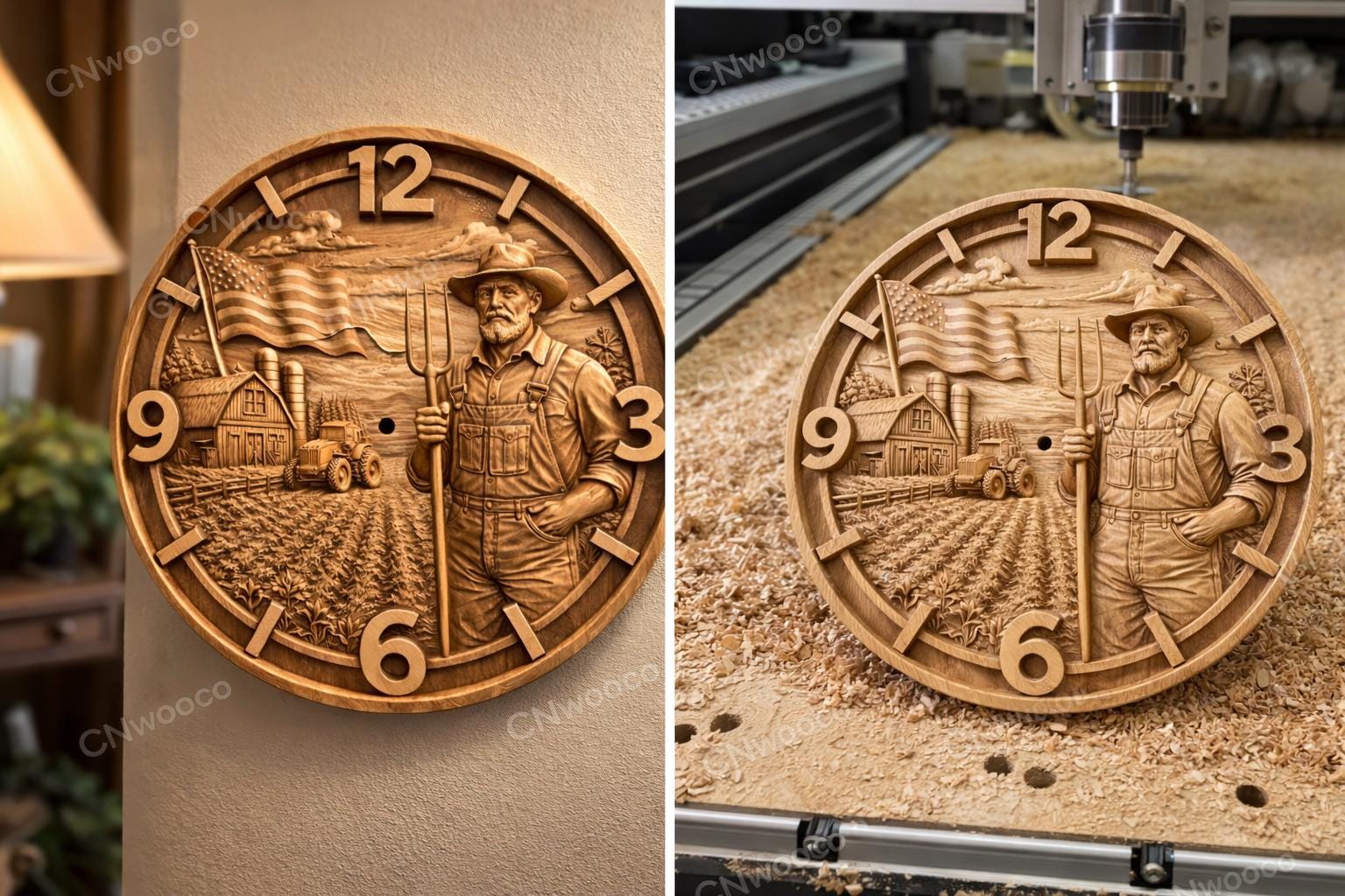 Farmer CNC Wood Carved Clock Relief | Rustic Farm Wall Clock | Country ...